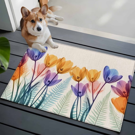 Spring X-ray Front Door Rugs 2x3 ft Floral Yellow Purple Tulips Fern Leaf Retro Small Rug for Entryway Non Slip Washable Bathroom Door Mat Absorbent Floor Mat for Indoor Entrance