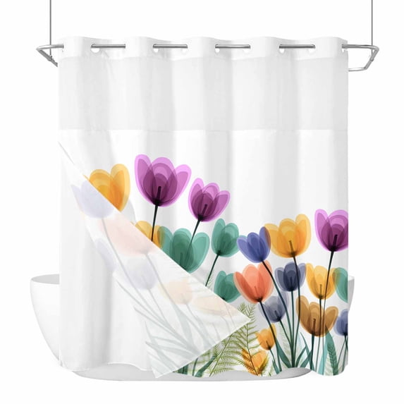 Spring X-ray No Hooks Shower Curtain with Snap-in Liner Floral Cartoon Colorful Tulips Flower Leaf Shower Curtains for Bathroom, Waterproof, Easy Install, Washable 66"x72"