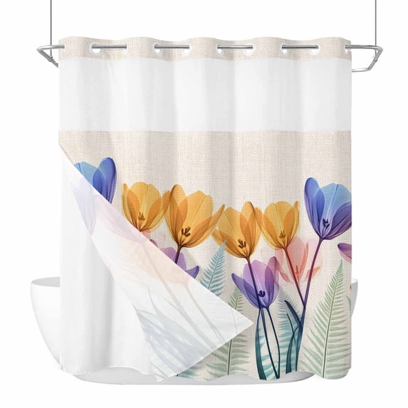 Spring X-ray No Hooks Shower Curtain with Snap-in Liner Floral Yellow Purple Tulips Fern Leaf Retro Shower Curtains for Bathroom, Waterproof, Easy Install, Washable 72"x72"