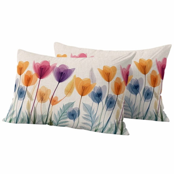 Spring X-ray Pillow Covers 2 Pack Floral Cartoon Multicolor Tulips Leaf Retro Pillowcase Waterproof Outdoor Throw Pillow Cover for Patio Balcony Rectangular Cushion 20”x12”