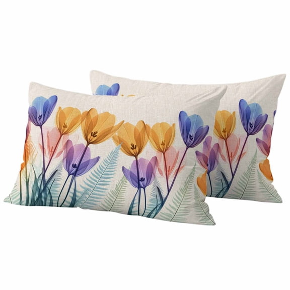 Spring X-ray Pillow Covers 2 Pack Floral Yellow Purple Tulips Fern Leaf Retro Pillowcase Waterproof Outdoor Throw Pillow Cover for Patio Balcony Rectangular Cushion 20”x12”