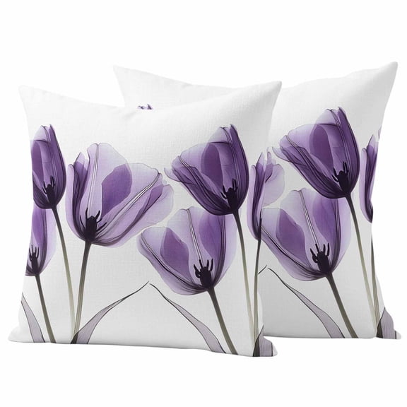 Spring X-ray Pillow Covers 2 Pack Image of Purple Tulips Flower Leaf Pillowcase Waterproof Outdoor Throw Pillow Cover for Patio Garden Square Cushion 16”x16”