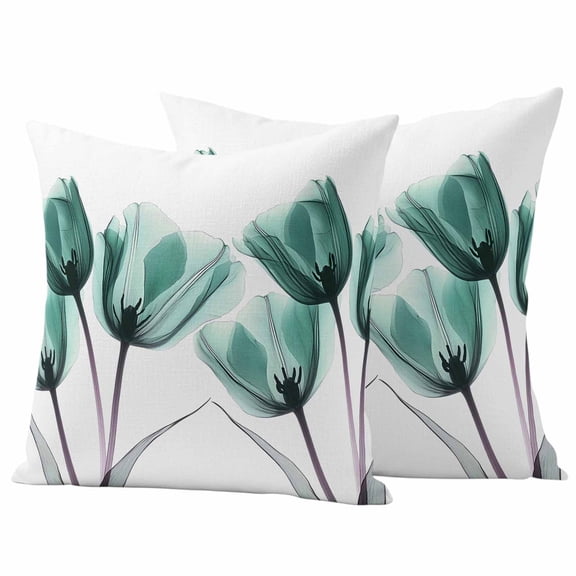 Spring X-ray Pillow Covers 2 Pack Image of Teal Tulips Floral Leaf Pillowcase Waterproof Outdoor Throw Pillow Cover for Patio Garden Square Cushion 16”x16”