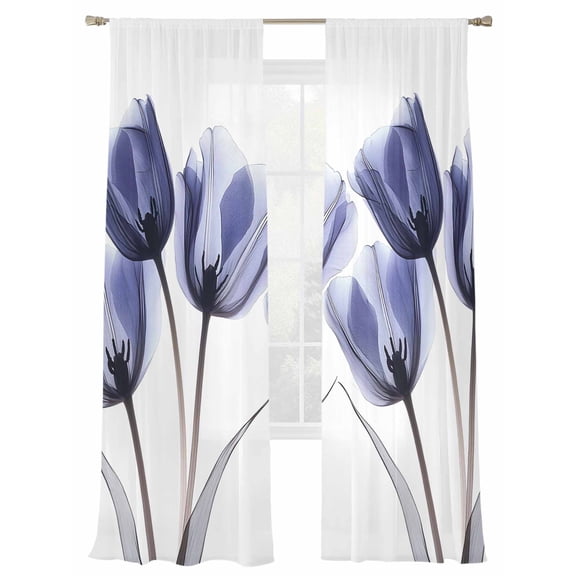 Spring X-ray Sheer Curtains 2 Panels Set Image of Dark Purple Tulips Flower Leaf Sheer Window Curtains Light Filtering Rod Pocket Voile Drapes for Bedroom Living Room 52"X84"