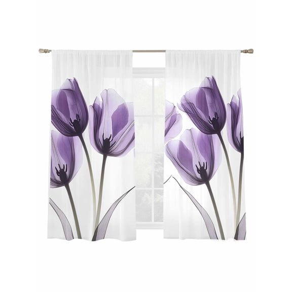 Spring X-ray Sheer Curtains 2 Panels Set Image of Purple Tulips Flower Leaf Sheer Window Curtains Light Filtering Rod Pocket Voile Drapes for Bedroom Living Room 52"X72"