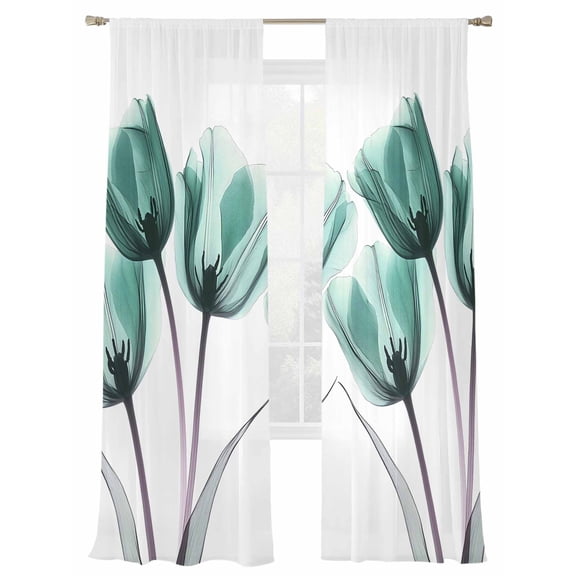 Spring X-ray Sheer Curtains 2 Panels Set Image of Teal Tulips Floral Leaf Sheer Window Curtains Light Filtering Rod Pocket Voile Drapes for Bedroom Living Room 52"X96"