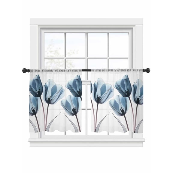 Spring X-ray Sheer Curtains for Living Room Bedroom, Image of Blue Tulips Flower Leaf Light Filtering Sheer Curtain Rod Pocket Voile Window Treaments Drapes, 52 x 45 Inches