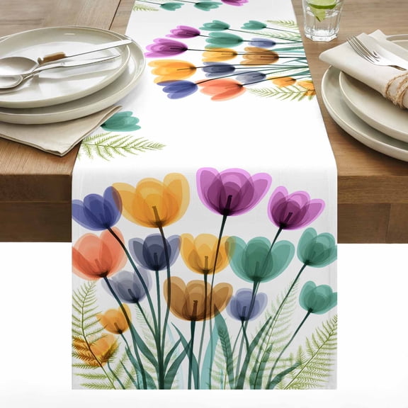 Spring X-ray Table Runner 13x36 inch Floral Cartoon Colorful Tulips Flower Leaf Cotton Linen Dining Table Runner Ideal for Dresser Kitchen Coffee Tables - Machine Washable