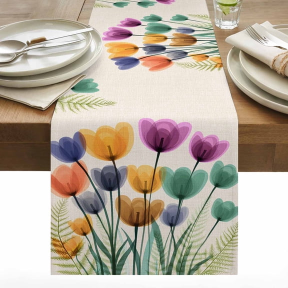 Spring X-ray Table Runner 13x36 inch Floral Cartoon Colorful Tulips Leaf Retro Cotton Linen Dining Table Runner Ideal for Dresser Kitchen Coffee Tables - Machine Washable