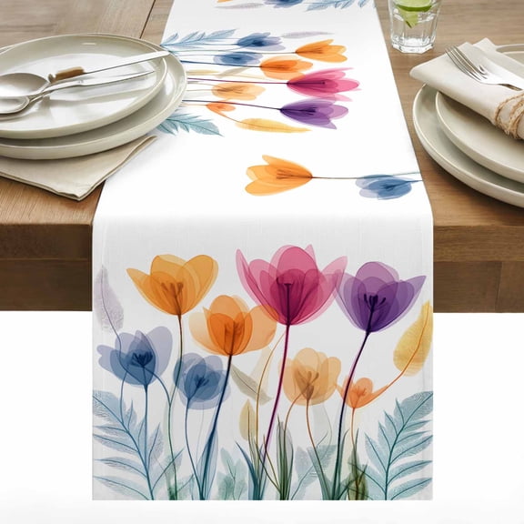 Spring X-ray Table Runner 13x36 inch Floral Cartoon Multicolor Tulips Flower Leaf Cotton Linen Dining Table Runner Ideal for Dresser Kitchen Coffee Tables - Machine Washable