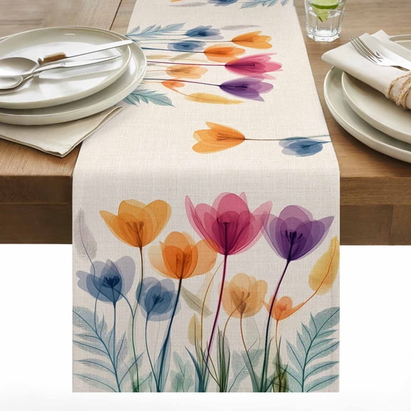 Spring X-ray Table Runner 13x36 inch Floral Cartoon Multicolor Tulips Leaf Retro Cotton Linen Dining Table Runner Ideal for Dresser Kitchen Coffee Tables - Machine Washable