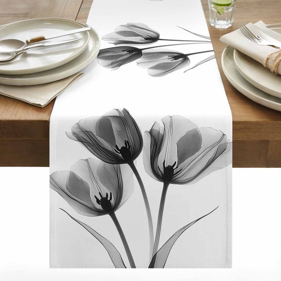 Spring X-ray Table Runner 13x36 inch Image of Black Tulips Floral Leaf Cotton Linen Dining Table Runner Ideal for Dresser Kitchen Coffee Tables - Machine Washable