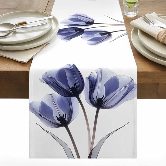 Spring X-ray Table Runner 13x36 inch Image of Dark Purple Tulips Flower Leaf Cotton Linen Dining Table Runner Ideal for Dresser Kitchen Coffee Tables - Machine Washable
