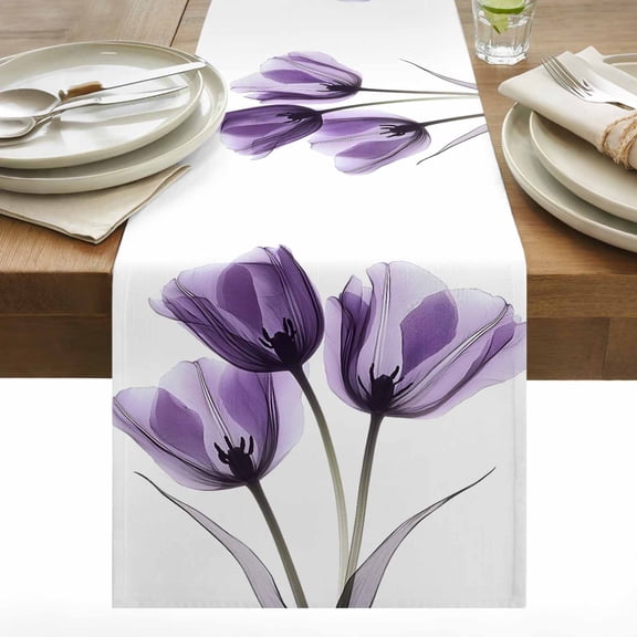 Spring X-ray Table Runner 13x36 inch Image of Purple Tulips Flower Leaf Cotton Linen Dining Table Runner Ideal for Dresser Kitchen Coffee Tables - Machine Washable