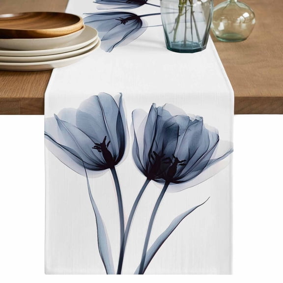 Spring X-ray Table Runner, Image of Black Tulip Flower Cotton Linen Kitchen Table Decoration Washable Dining Tabletop Runners for Home Party Decor 13x48 Inches