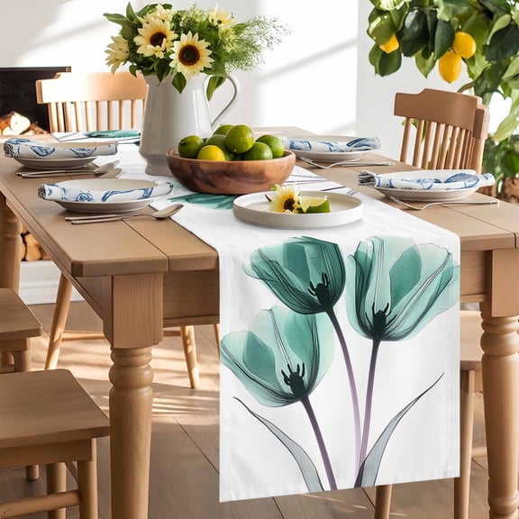 Spring X-ray Table Runner, Image of Teal Tulips Floral Leaf Washable Kitchen Table Runners Dress Scarves for Dining Table Decorations Party/Restaurant/Indoor Outdoor Use, 13x36in
