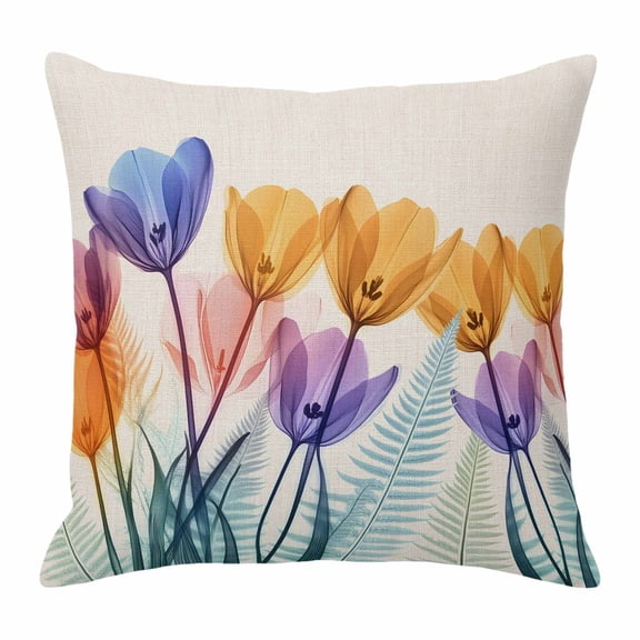 Spring X-ray Throw Pillow Cover Floral Yellow Purple Tulips Fern Leaf Retro Cotton Linen Cushion Cover Throw Pillow Case with Invisible Zipper for Couch Sofa Bed Chair Car 16x16 Inch