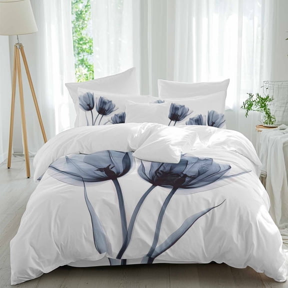 Spring X-ray Twin Duvet Cover Set, Image of Black Tulip Flower 4 Piece Microfiber Bedding Set with Zipper Closure, Bed Sheet and 2 Pillow Shams, Soft Bedding Cover