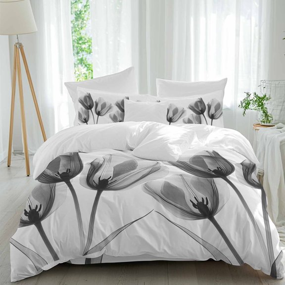 Spring X-ray Twin Duvet Cover Set, Image of Black Tulips Floral Leaf 4 Piece Microfiber Bedding Set with Zipper Closure, Bed Sheet and 2 Pillow Shams, Soft Bedding Cover