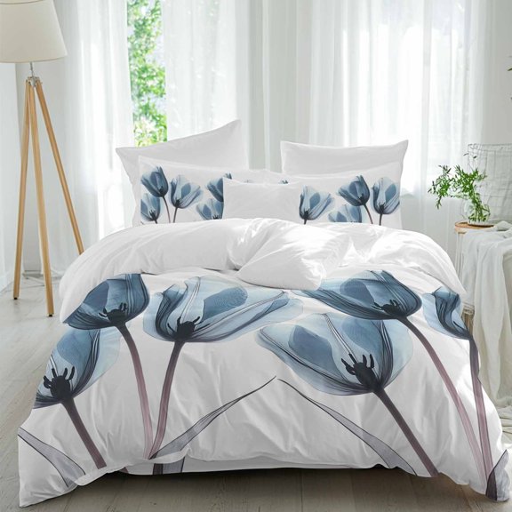 Spring X-ray Twin Duvet Cover Set, Image of Blue Tulips Flower Leaf 4 Piece Microfiber Bedding Set with Zipper Closure, Bed Sheet and 2 Pillow Shams, Soft Bedding Cover