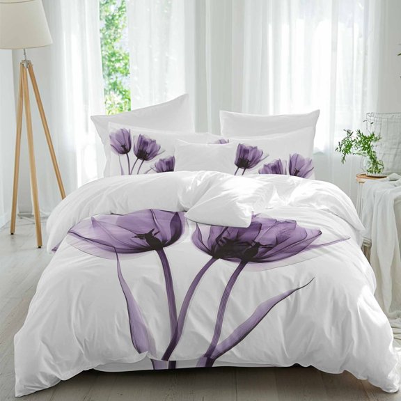 Spring X-ray Twin Duvet Cover Set, Image of Purple Tulip Flower 4 Piece Microfiber Bedding Set with Zipper Closure, Bed Sheet and 2 Pillow Shams, Soft Bedding Cover