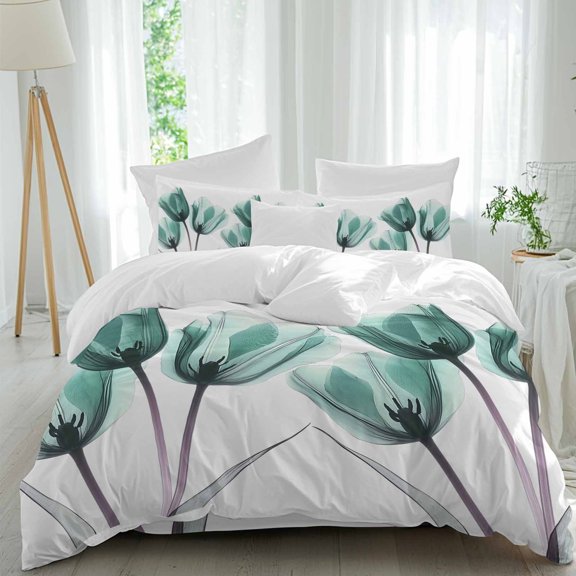 Spring X-ray Twin Duvet Cover Set, Image of Teal Tulips Floral Leaf 4 Piece Microfiber Bedding Set with Zipper Closure, Bed Sheet and 2 Pillow Shams, Soft Bedding Cover
