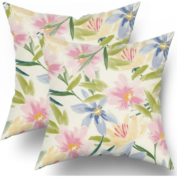 Spring Yellow Blue Pink Floral Pillow Covers 16x16 Set of 2 Cute Watercolor Colorful Flower Leaf Print Decorative Throw Pillows Rustic Farmhouse Cushion Case Decor for Couch Sofa Bed