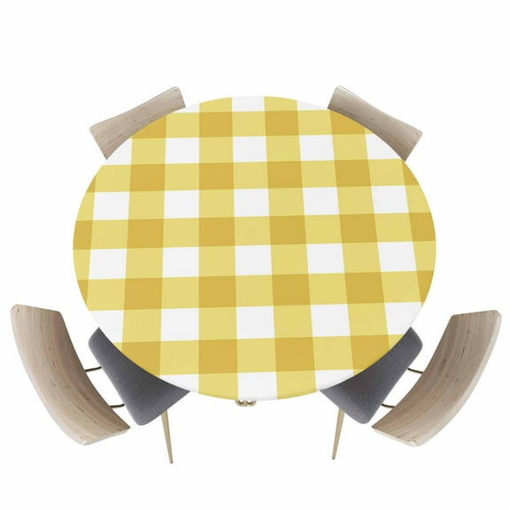 Spring Yellow Buffalo Checker Fitted Round Tablecloths Elastic Edged Table Covers 36"-44",Farm Plaid Lattice Texture Waterproof Dining Room Table Cloth for Kitchen Holiday Party Tables Decor