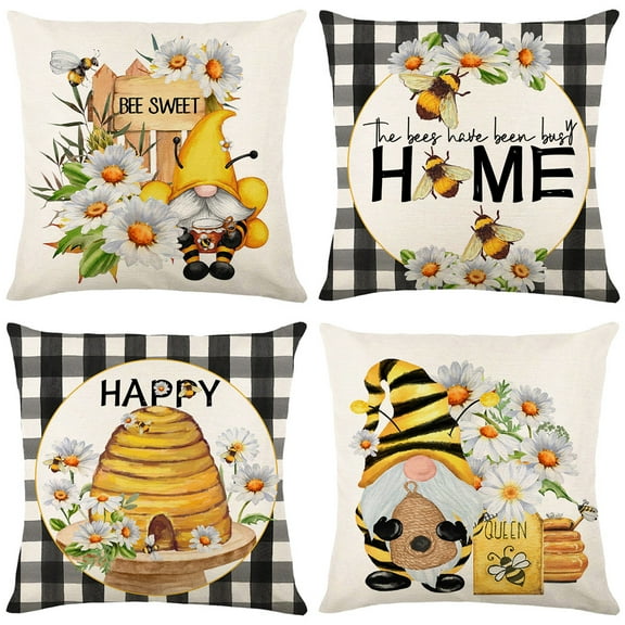 Spring Yellow Bumble Bee Happy Gnome Decorative Throw Pillow Cover 18x18inch Set of 4, Summer Black Buffalo Plaid Honey Themed Home Decoration, Farmhouse Cushion Case Patio Porch Outdoor Decors