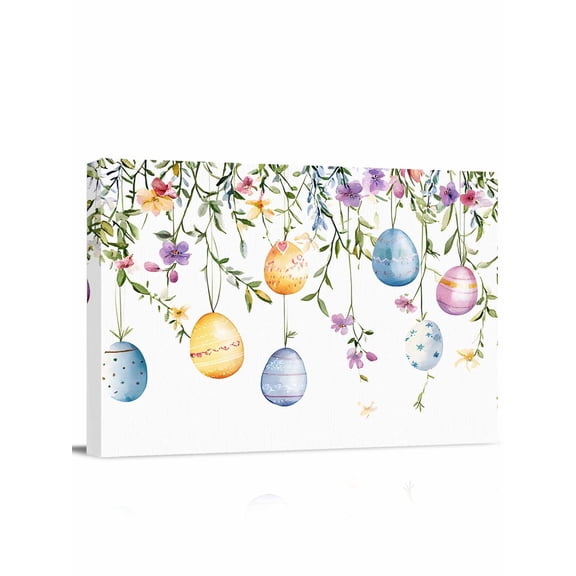 Spring Yellow Canvas Print Wall Art Blue Pink Easter Eggs Eucalyptus Leaf Pictures Painting Morden Artwork for Living Room Bedroom, Ready to Hang - 12"x16"