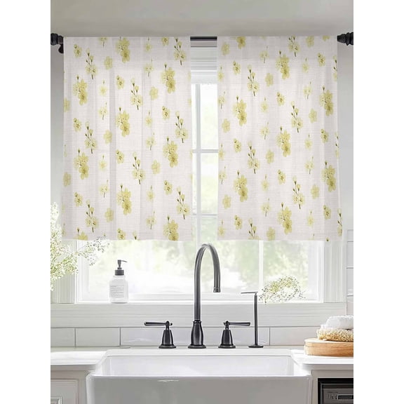 Spring Yellow Cherries Flowers Chiffon Sheer Curtains 45 Inches Long Vintage Country Floral Art Rod Pocket Window Curtains Voile Drapes Curtains for Living Room Bedroom,2 Panels
