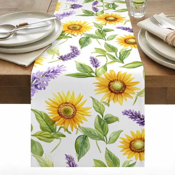 Spring Yellow Cotton Linen Table Runner Sunflower Lavender Flower Leaf Dining Table Runners for Home Decor Party Dining Room Restaurant Kitchen 13" x 36"