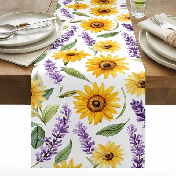 Spring Yellow Cotton Linen Table Runner Sunflower Purple Lavender Flower Leaf Dining Table Runners for Home Decor Party Dining Room Restaurant Kitchen 13" x 60"
