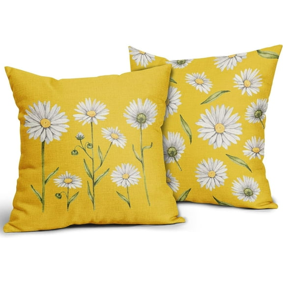 Spring Yellow Daisy Pillow Covers 18x18 Set of 2 Watercolor Floral Print Summer Flower Decorative Throw Pillows Outdoor Pillowcase Square Linen Farmhouse Cushion Case Decor for Couch Sofa Bed