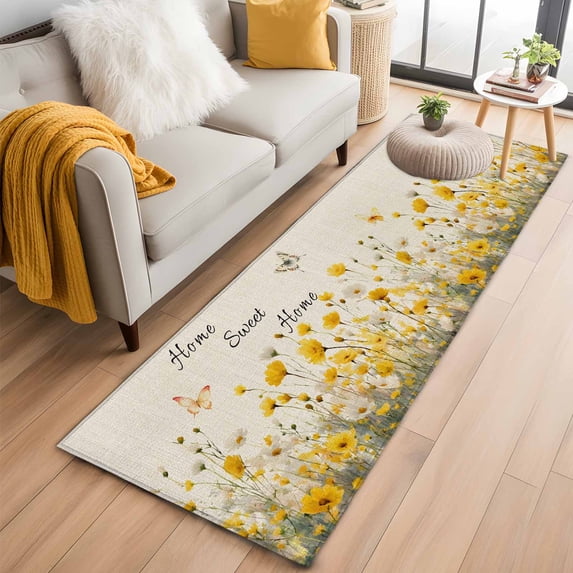 Spring Yellow Floral 2'x6' Runner Rugs for Hallway Kitchen Bedside Non Slip, Farmhouse Country Flower Butterfly on Linen Entryway Rug Runners with Rubber Backing, Long Carpet Runner for Laundry Room