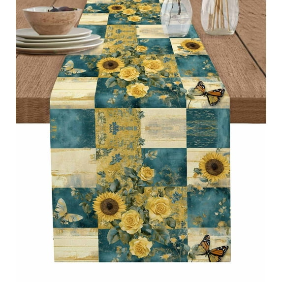 Spring Yellow Floral Burlap Cotton Table Runner 13x90 Inches Long, Butterfly Teal Plaid Vintage Country Farmhouse Table Runners, Outdoor Dining Tablecloths Decor for Baby Shower/Party/Wedding