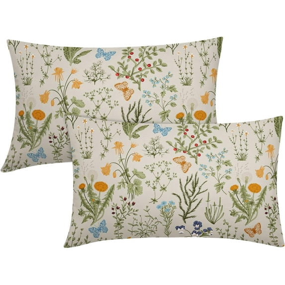 Spring Yellow Floral Lumbar Pillow Covers 12x20 Inch Sage Green Wild Flower Plant Butterfly Decorative Pillow Cases Vintage Seasonal Cushion Covers Farmhouse Home Decor for Sofa Couch Set of 2