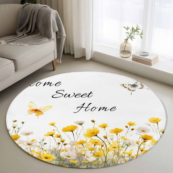 Spring Yellow Floral Round Area Rug 3Ft Washable Small Circle Rugs for Kitchen Entryway, Farmhouse Country Flower Butterflies Non-Slip Carpet Floor Mats Indoor Outdoor Carpet Runner Home Decor
