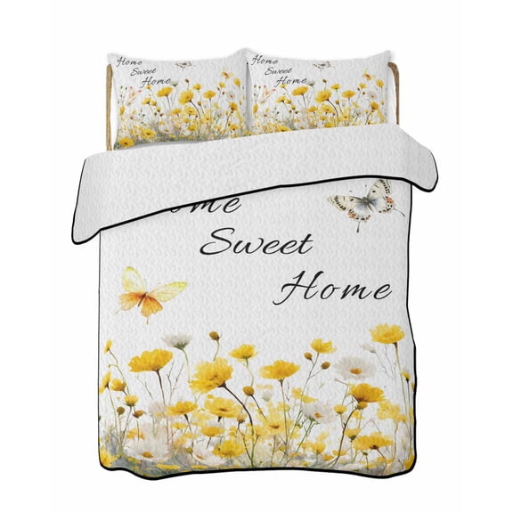 Spring Yellow Flower 3 Pieces Quilt Set, 1 Quilt with 2 Shams, Home Sweet Home Watercolor Floral Butterfly Bedspread Soft Lightweight Bedding Coverlet Comforter Set for All Season 78"x90"
