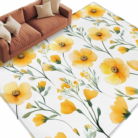 Spring Yellow Flower Area&nbsp;Rug 5x8ft Country Watercolor Floral Green Plant Leaf Non-Slip&nbsp;Washable Square&nbsp;Rugs Soft Felt Indoor Floor Mat for Bedroom Kitchen Living Room Bathroom