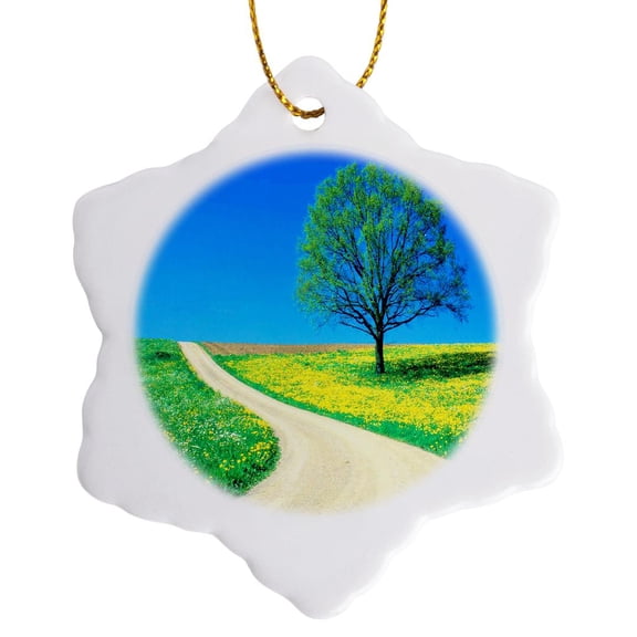 3drose, Spring Yellow Flower Field, 3 inch Snowflake Porcelain Ornament