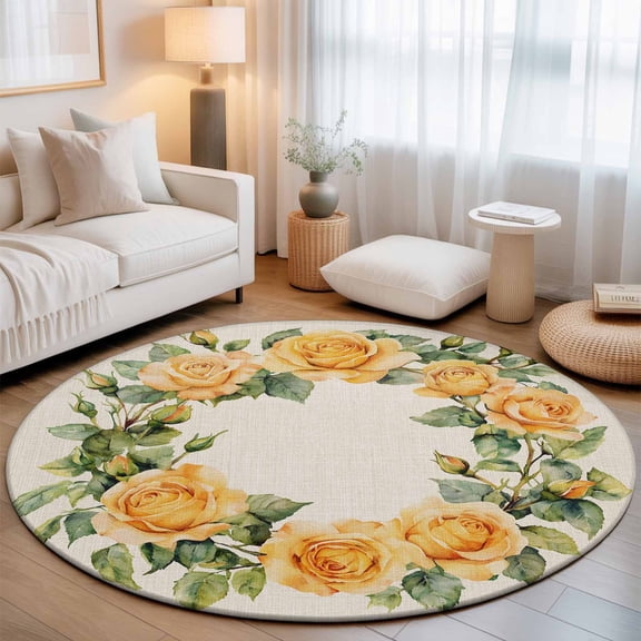 Spring Yellow Flower Garland on Linen Round Rug 5ft Watercolor Floral Washable Area Rugs for Living Room Bedroom Entryway Non Slip Entrance Door Mat Indoor Floor Carpet