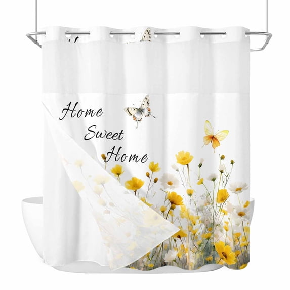 Spring Yellow Flower No Hooks Shower Curtain with Snap-in Liner Home Sweet Home Watercolor Floral Butterfly Shower Curtains for Bathroom, Waterproof, Easy Install, Washable 72"x72"
