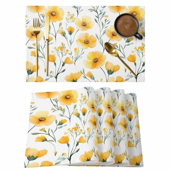 Spring Yellow Flower Placemats Set of 6, Country Watercolor Floral Green Plant Leaf Non-Slip Place Mats Washable Table Mats for Kitchen Dining Table Decorations Indoor/Outdoor