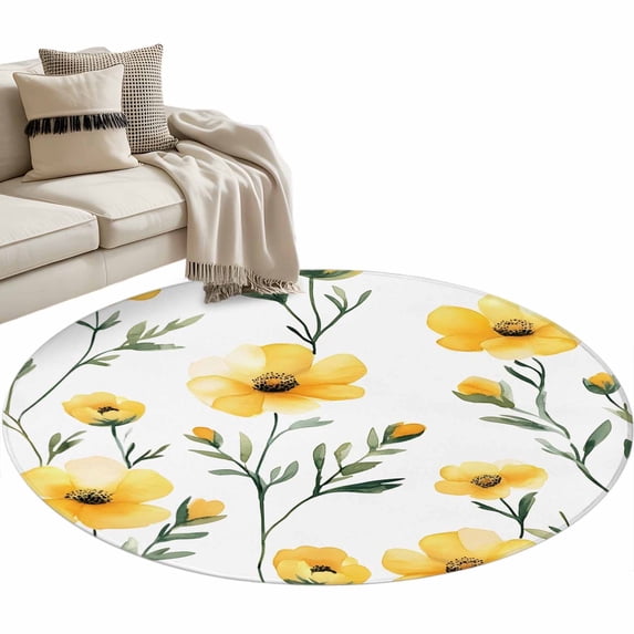 Spring Yellow Flower Round Area Rug 3ft Country Watercolor Floral Green Leaf Non-Slip Washable Circle Rugs Soft Felt Indoor Floor Mat for Bedroom Kitchen Living Room Bathroom