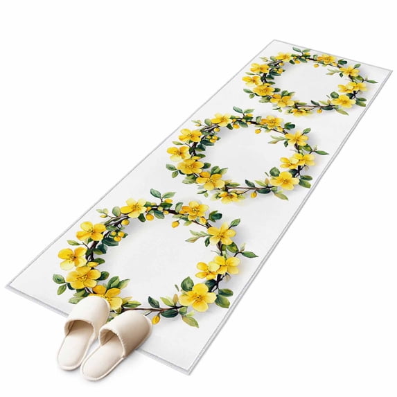 Spring Yellow Flower Wreath Area Rug 2x6ft Country Watercolor Floral Bud Leaf Non-Slip Washable Square Rugs Soft Felt Indoor Floor Mat for Bedroom Kitchen Living Room Bathroom