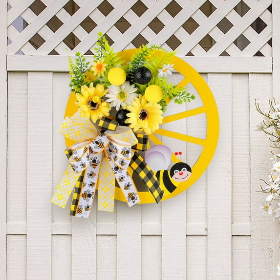 Clearance! Spring Yellow Flower Wreath Simulation Bow Knot Wreath Creative Wooden Wheel Decoration Flower