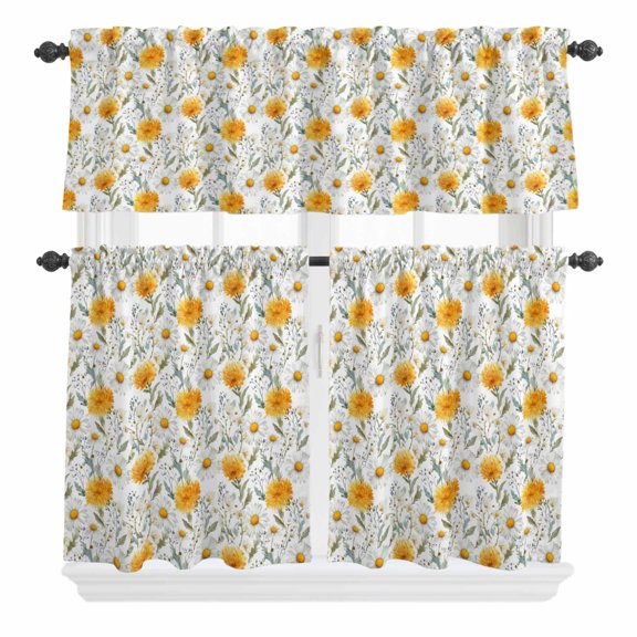 Spring Yellow Flowers Curtain Valances Set White Daisy Grass Farm Plant Watercolor Kitchen Curtains 24&nbsp;inch Length Rod Pocket Valance and Tiers 3 Piece Set Small Bedroom Bathroom Laundry Decor