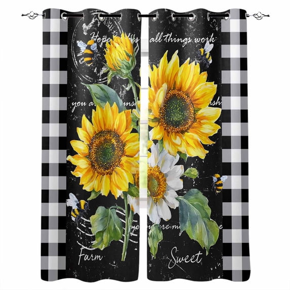Spring Yellow Flowers Kitchen Curtains Check Oil Painting Vintage Cafe Short Curtains for Bathroom Blackout Window Curtain Grommet Small Window Treatment Tier Drapes for Bedroom Living Room 52"x45"x2
