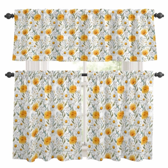 Spring Yellow Flowers Kitchen Curtains Set for Windows, White Daisy Grass Farm Plant Watercolor Curtains Valance and Tier 3 Piece Set Small Drapes 36 Inch Length for Kitchen Bedroom Decor